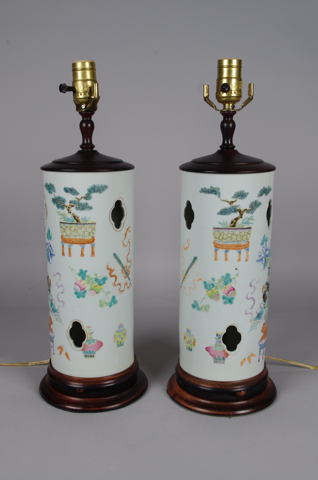 Pair of Chinese Porcelain Hat Stands Mounted as Lamps