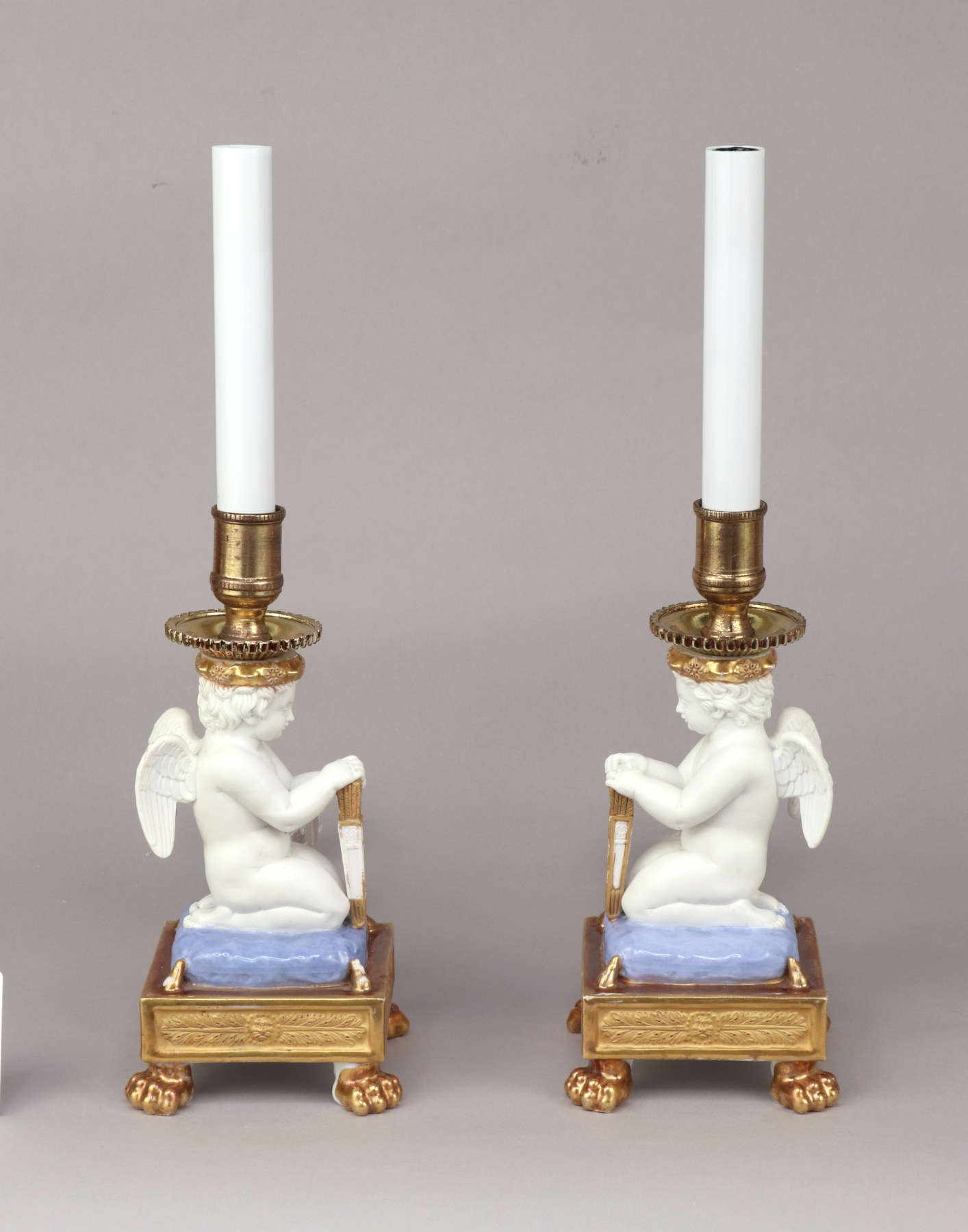 Pair of Paris Porcelain Putti Mounted as Lamps, c. 1810-20