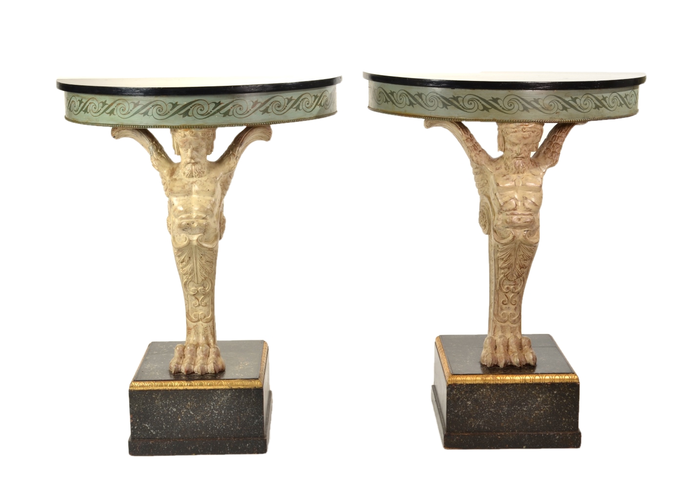 Pair of Carved and Painted Demilune Console Tables, 20th c.