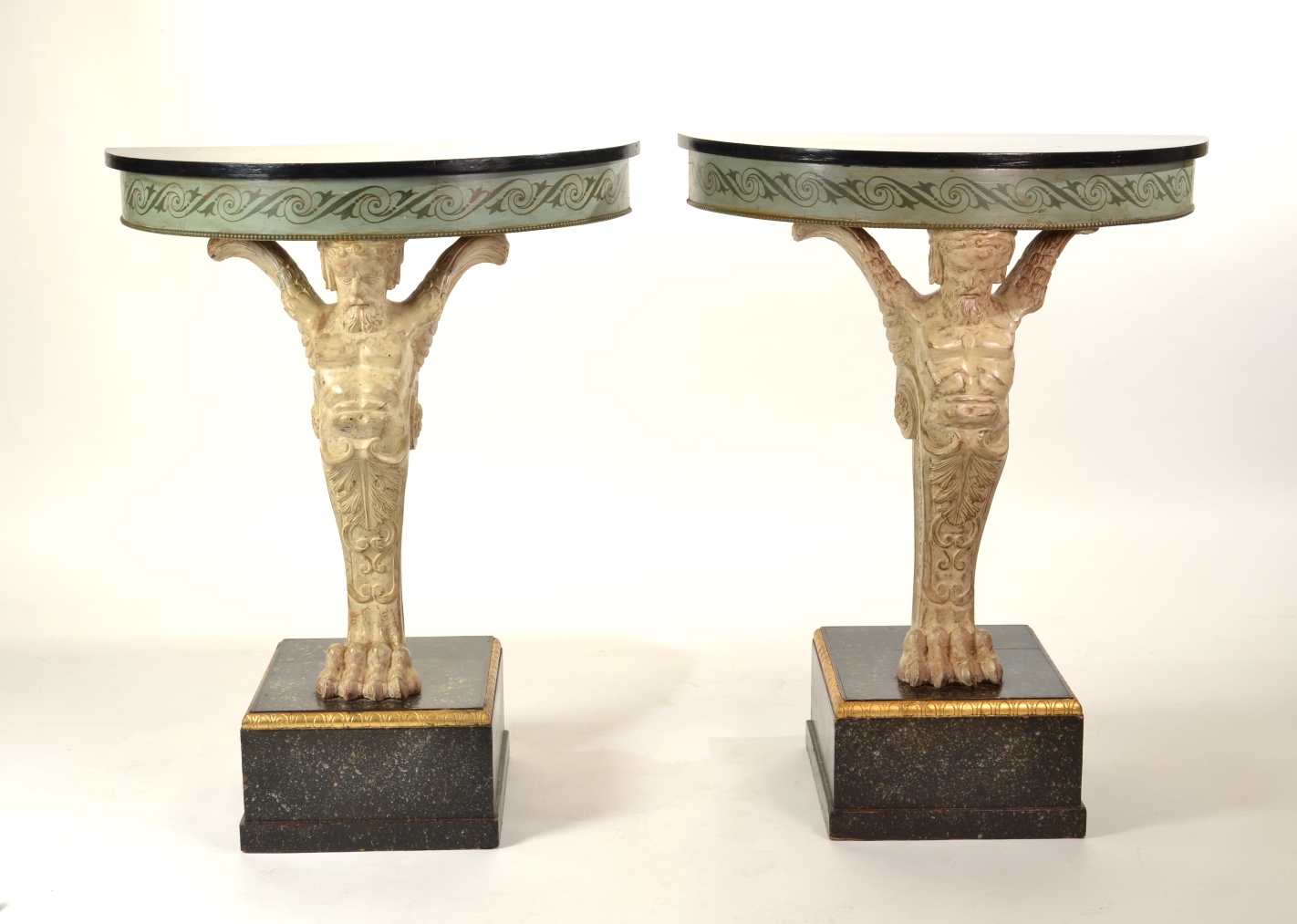 Pair of Carved and Painted Demilune Console Tables, 20th c.
