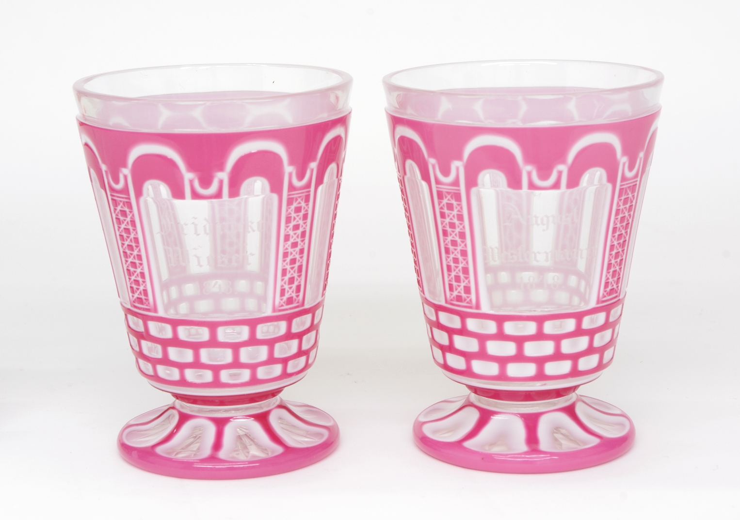 Pair of Bohemian Glass Overlay Marriage Goblets, 1848