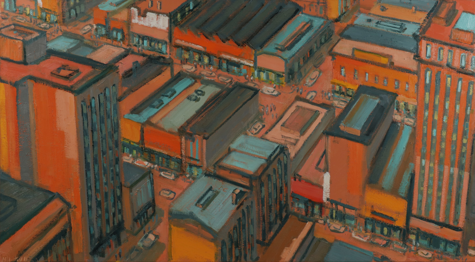 City in Orange and Green 32" x 58"