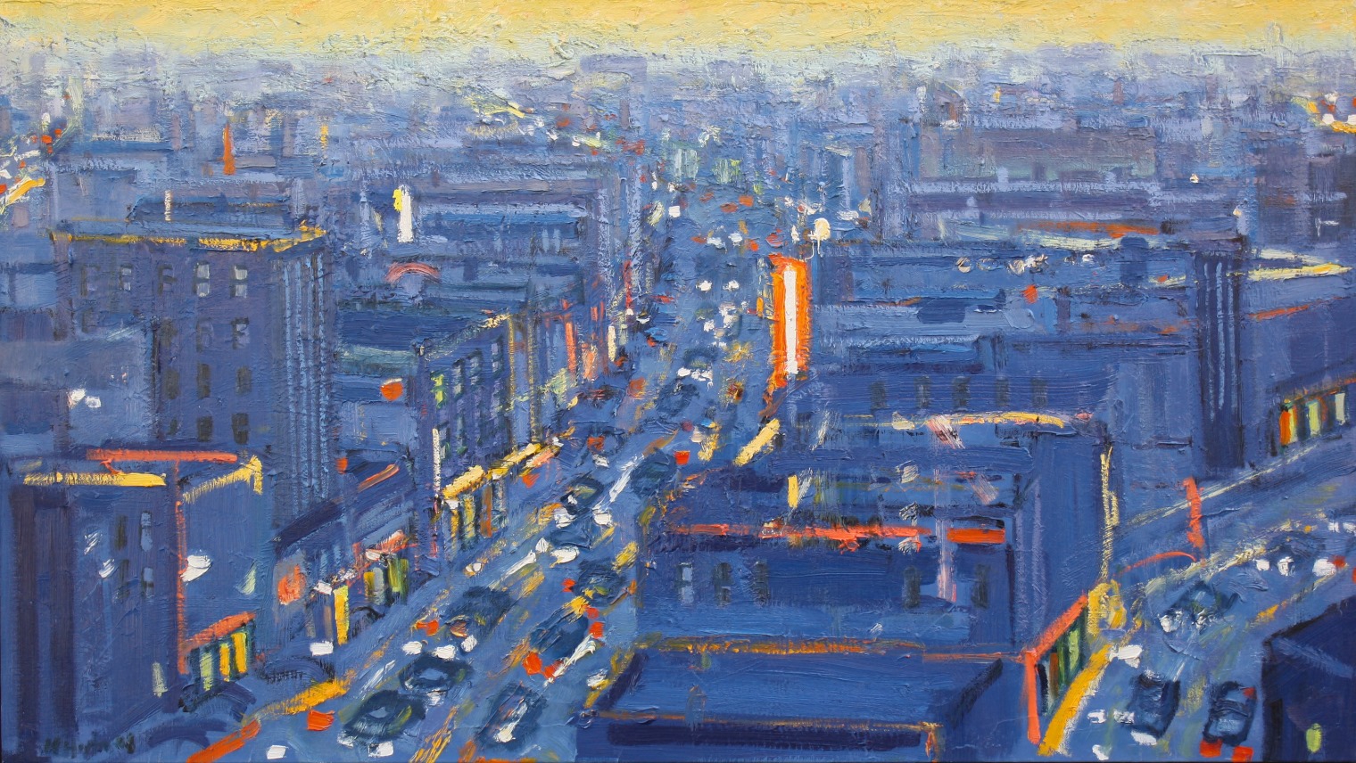 City in Blue Lights and Yellow Sky 28"x50"