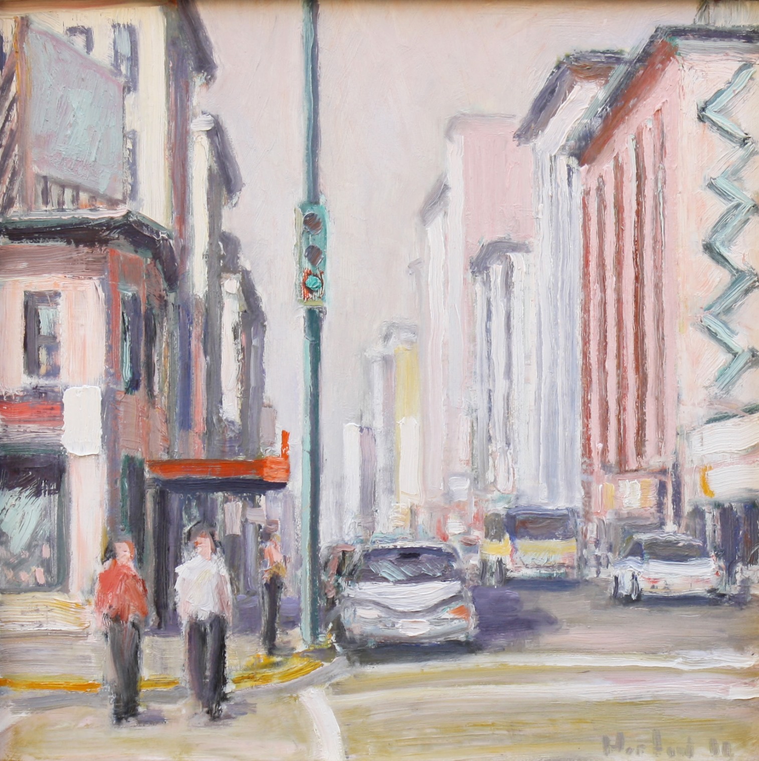 City in Pink and White with Two Pedestrians 12" x 12"