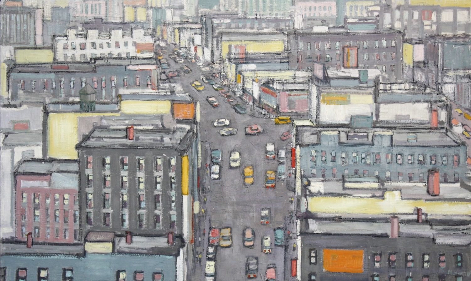 Aerial View of Downtown in Gray, Whites and Yellows  30" x 50"