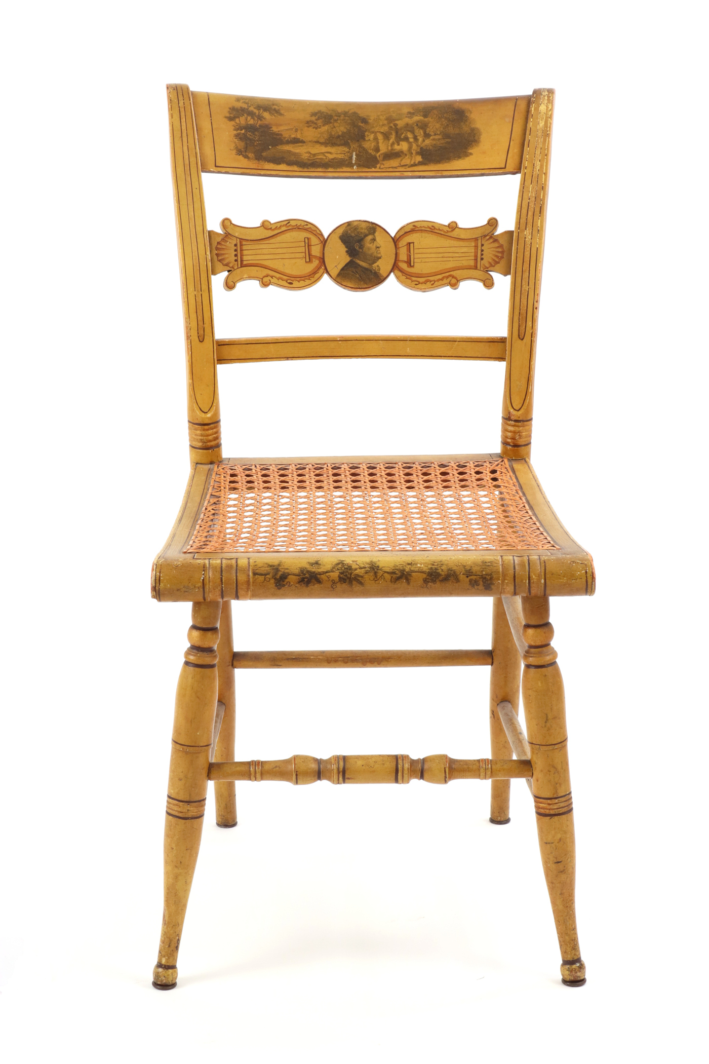 Set of Four New York Yellow Fancy Chairs with Benjamin Franklin, c. 1820