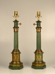 View 1: Pair of Green Tole Column Lamps