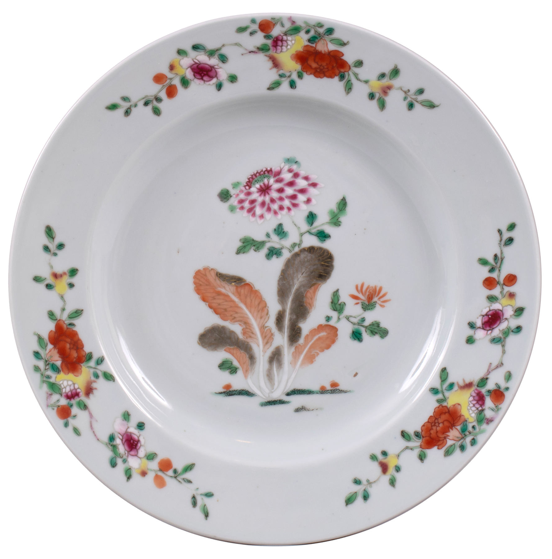 Chinese Export Pseudo Tobacco Leaf Plate, c. 1740-50