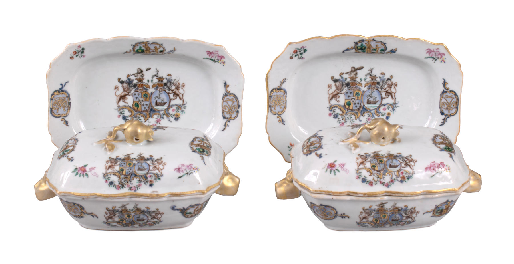 Pair of Small Chinese Export Armorial Sauce Tureens, c. 1767-1769