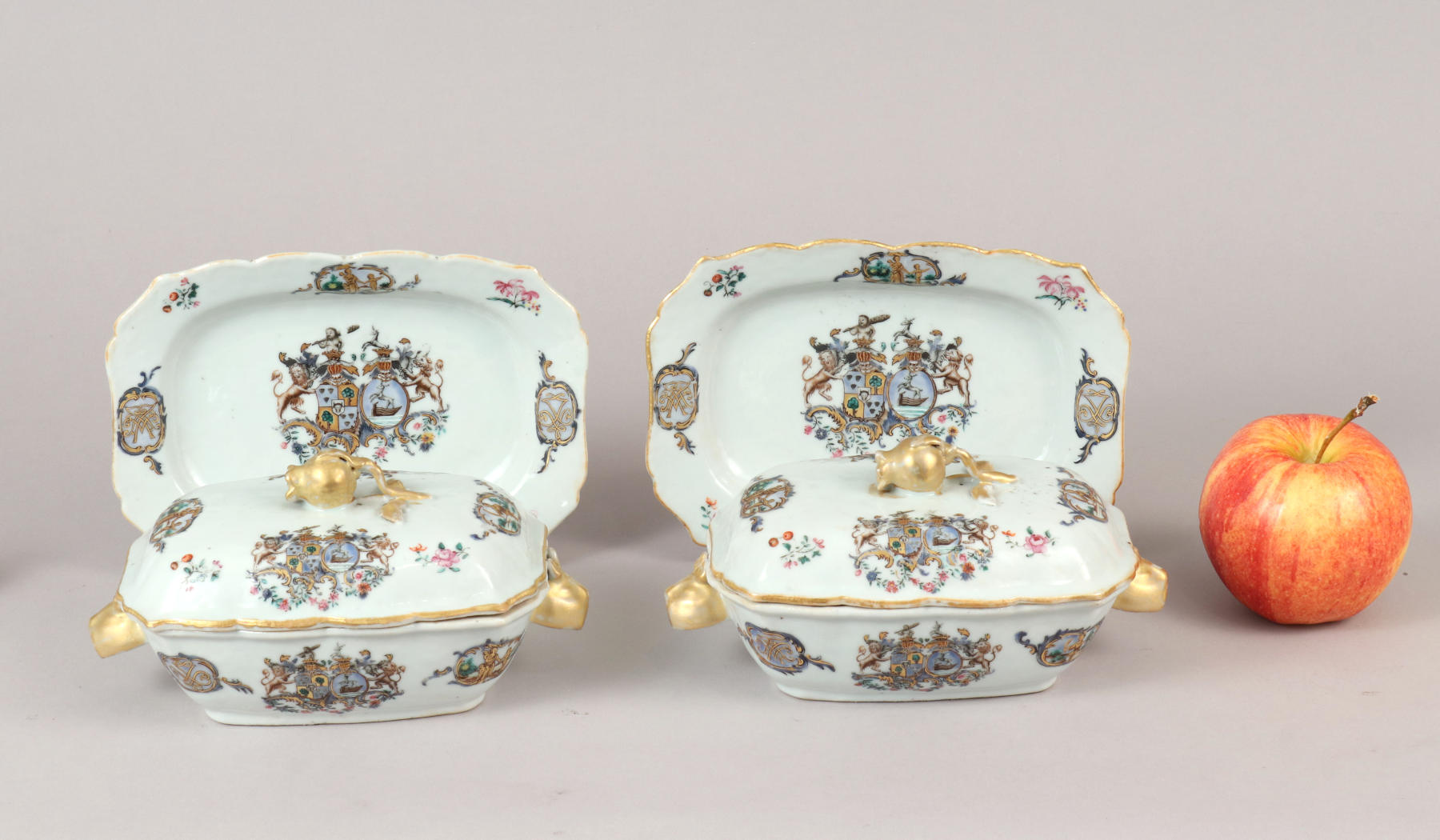 Pair of Small Chinese Export Armorial Sauce Tureens, c. 1767-1769