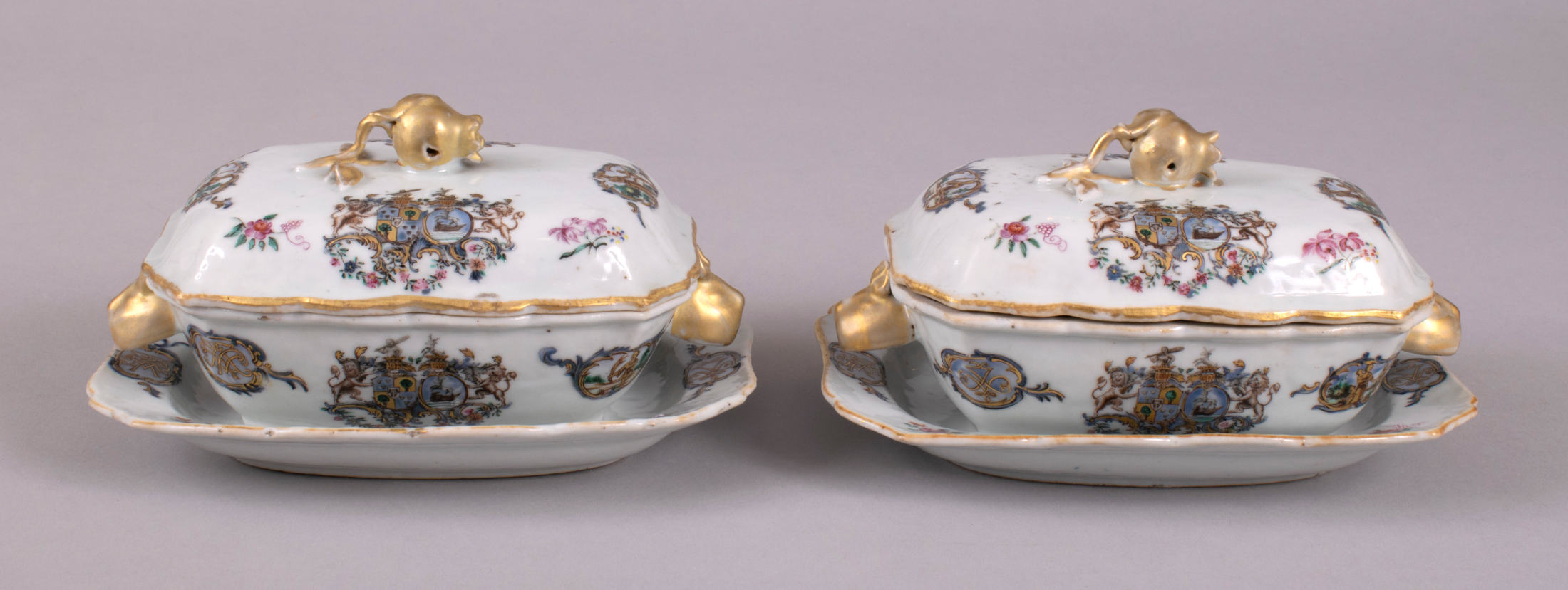 Pair of Small Chinese Export Armorial Sauce Tureens, c. 1767-1769