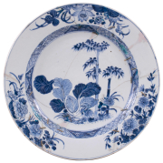 Chinese Export Pseudo Tobacco Leaf Charger with Staple Repairs, c. 1750